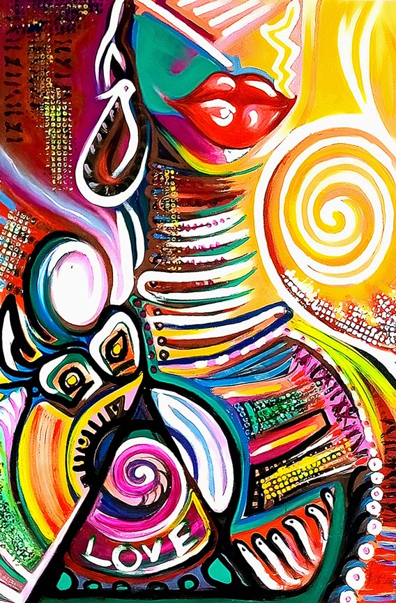 Meditation by Esther Caesar, a vivid abstract painting with spirals, lips and the word LOVE